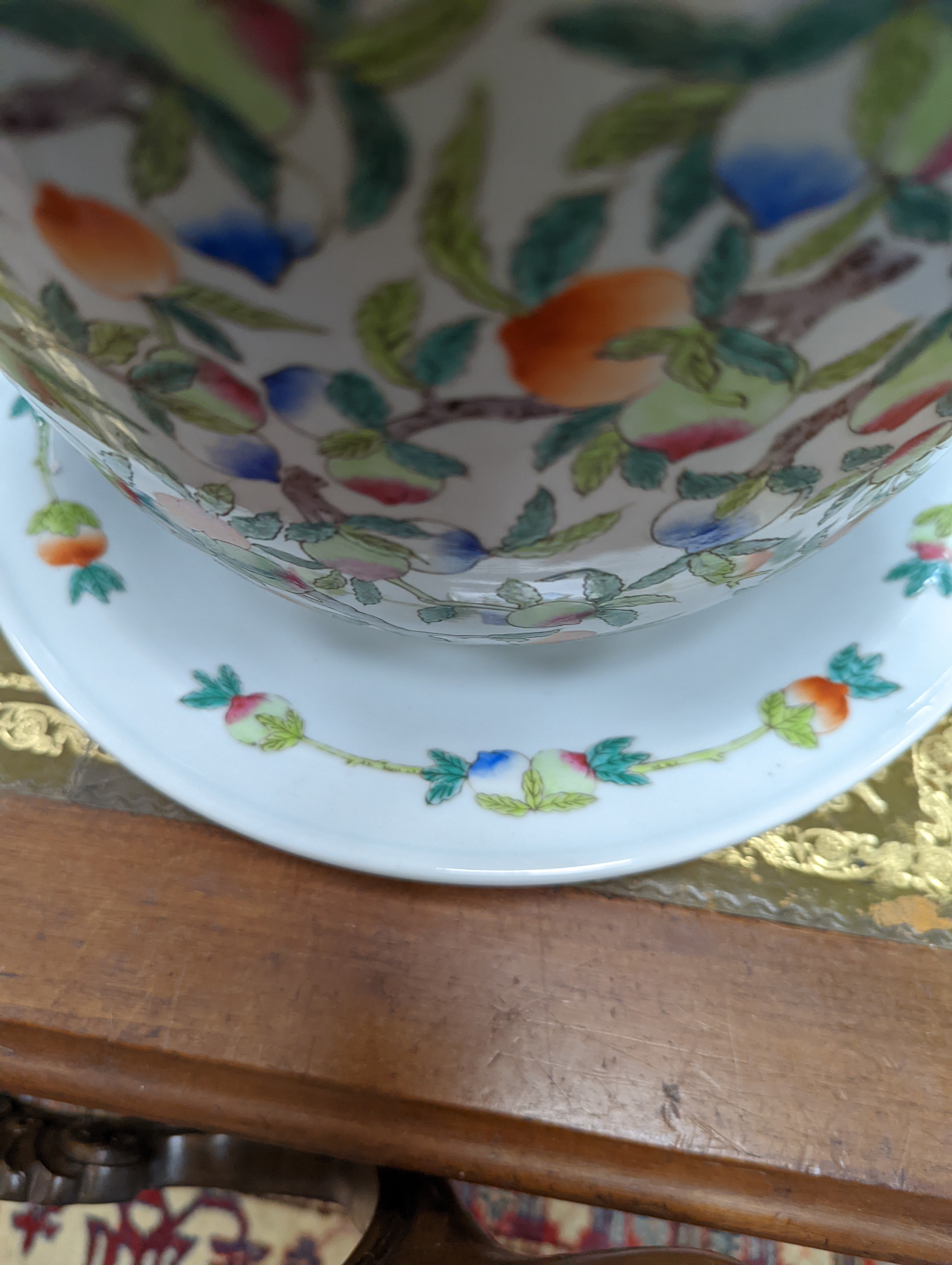 A 20th century Chinese porcelain jardiniere and dish, diameter 36 cms.